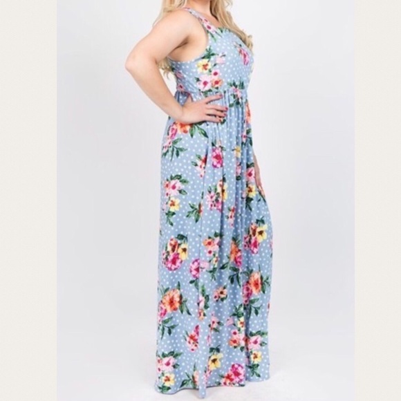 Floral Print Polka Dot Blue Maxi Dress 1X 2X 3X - Picture 4 of 8